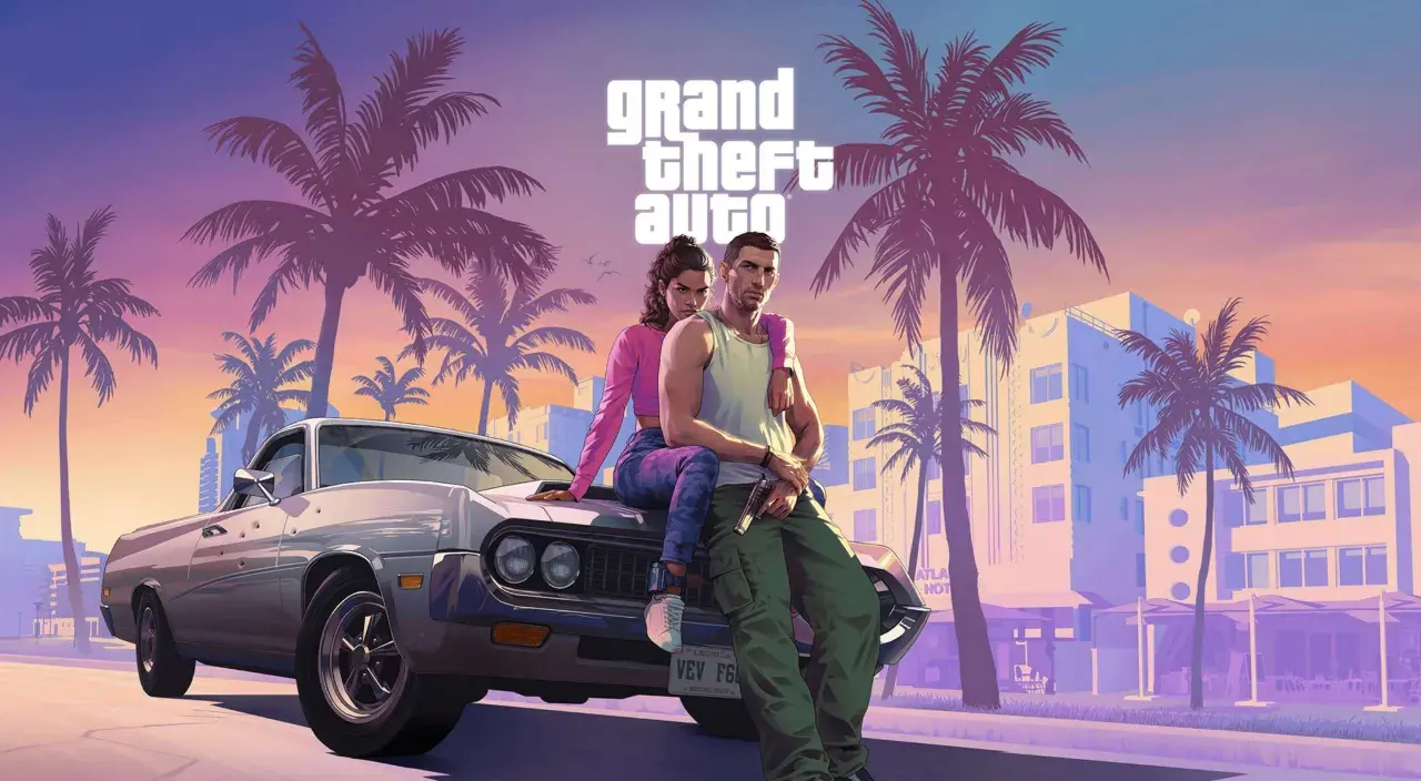 Para dowódców z GTA 6, siedzących na samochodzie, w tle palmy i budynki. Czekamy na premierę i zastanawiamy się, ile będzie kosztować GTA 6.