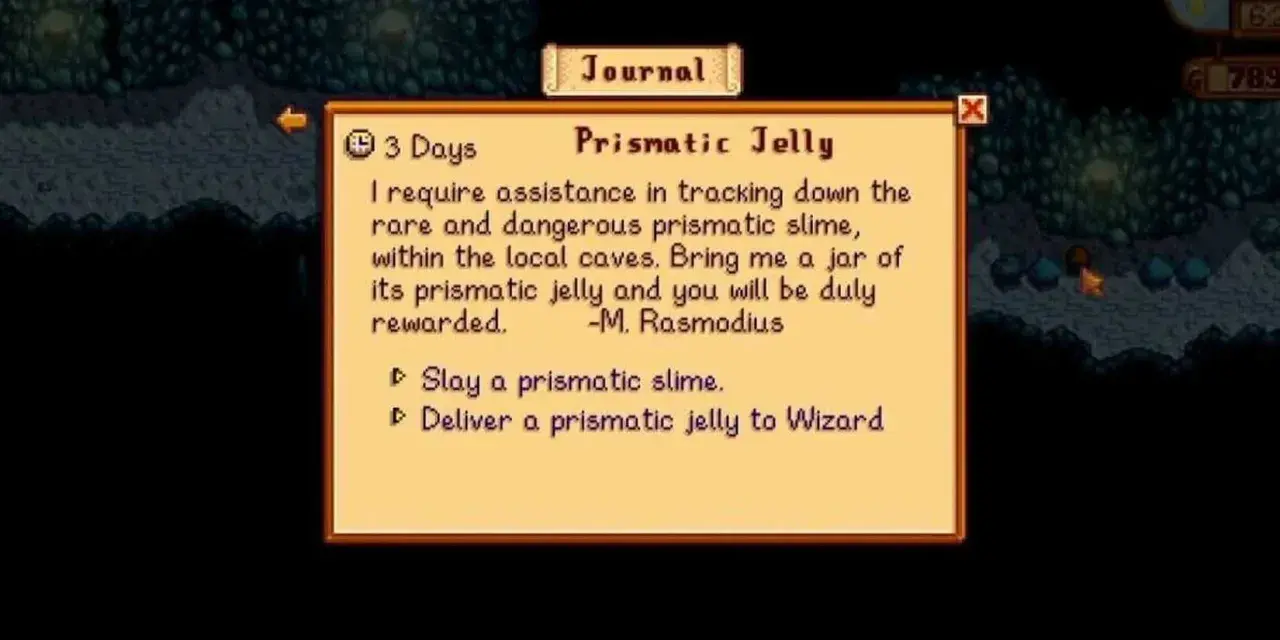 Dziennik w Stardew Valley: zadanie "Prismatic Jelly" od Czarodzieja. Trzeba pokonać tęczowego śluzaka i zdobyć jego galaretkę.