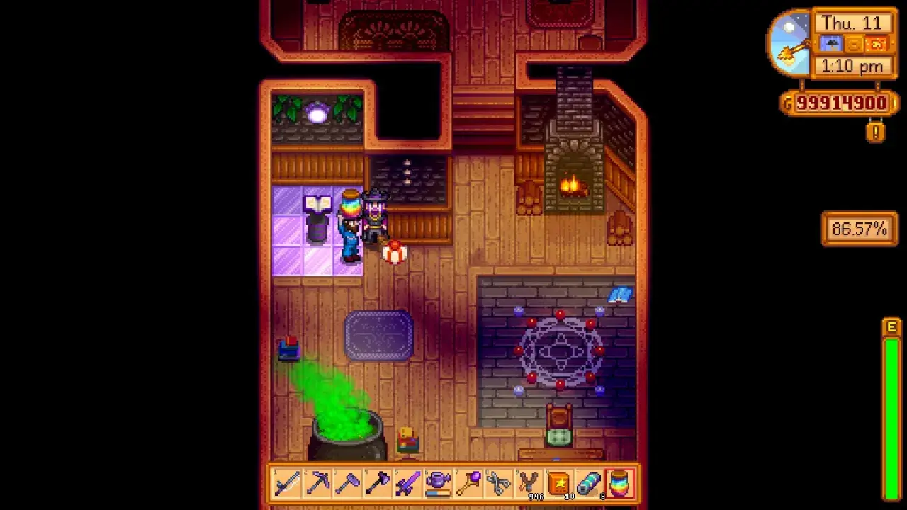 Gracz w Stardew Valley tworzy magiczny eliksir, z którego unosi się zielona para. Obok stoi kocioł, a na podłodze magiczny krąg.