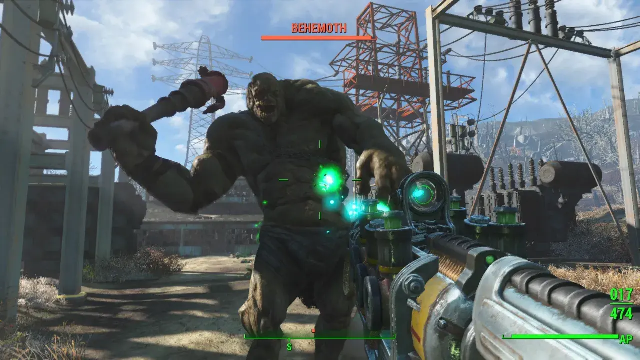 Gracz walczy z Behemotem w Fallout 4. Gra wymaga odpowiedniego sprzętu, by poradzić sobie z takimi potworami.