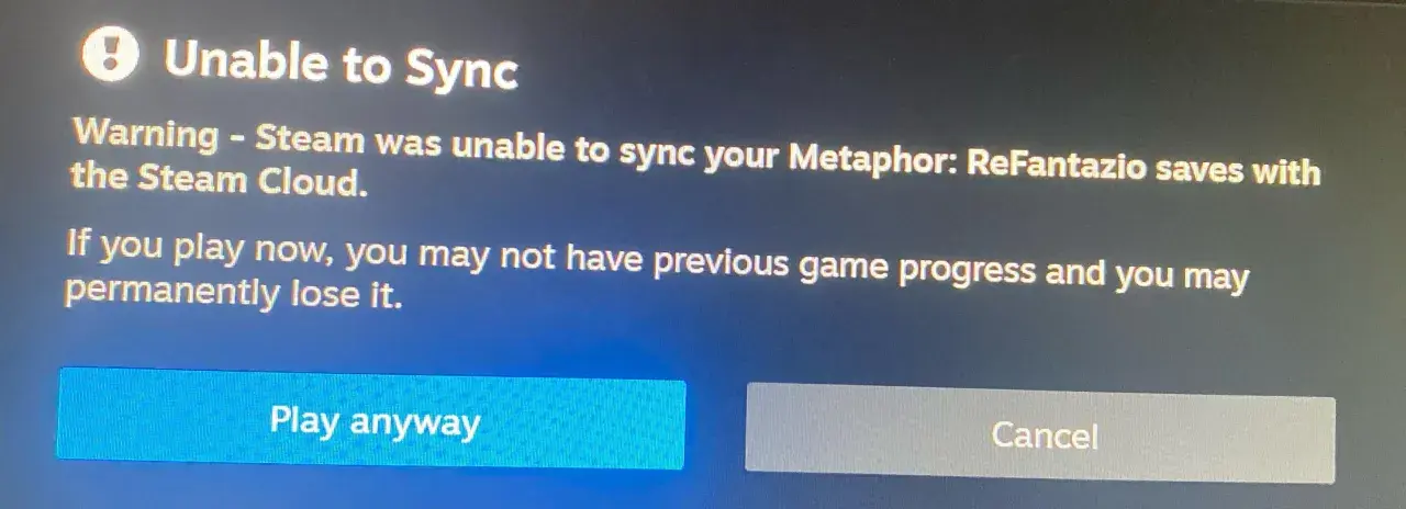 Ostrzeżenie: Steam nie mógł zsynchronizować zapisów gry Metaphor: ReFantazio z chmurą Steam. Może to oznaczać utratę postępów.