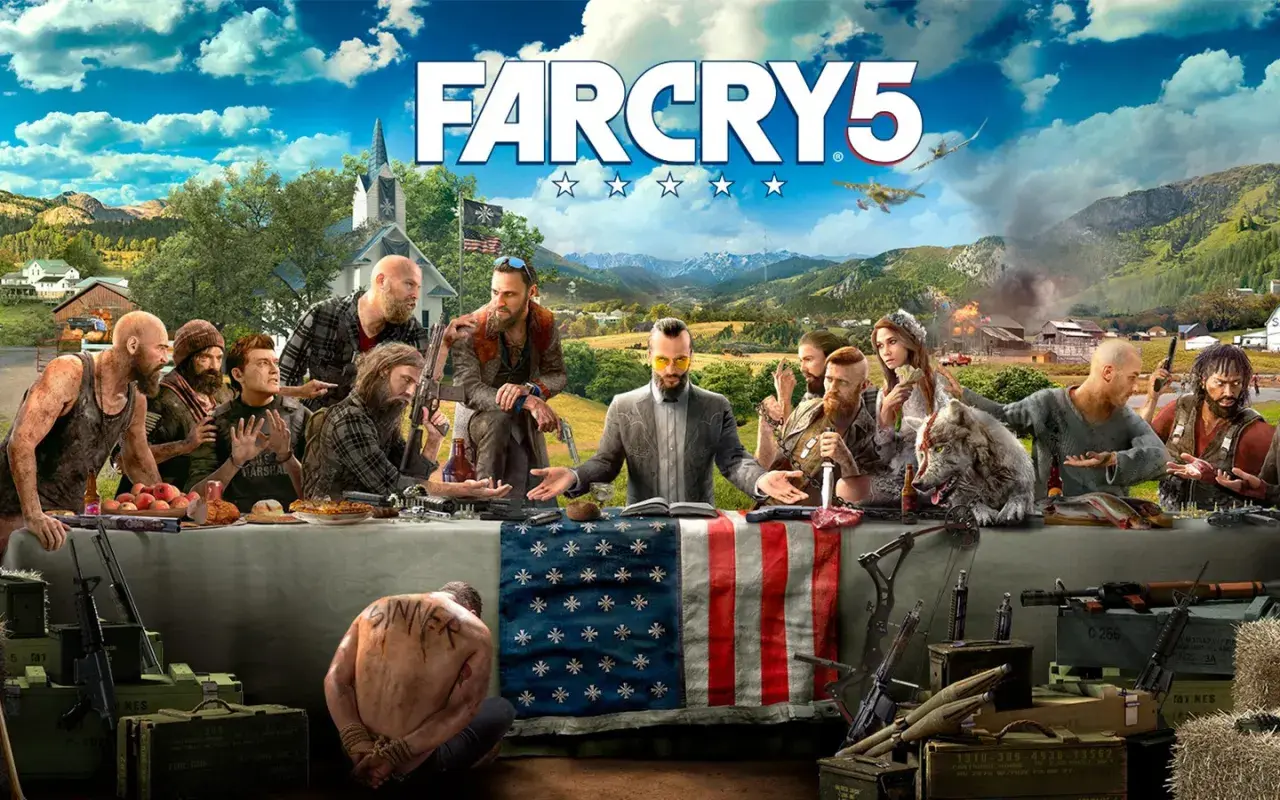 Postapokaliptyczna uczta w otwartym świecie Far Cry 5. Postacie siedzą przy stole, na którym leżą broń i jedzenie, a w tle widać zniszczoną farmę.