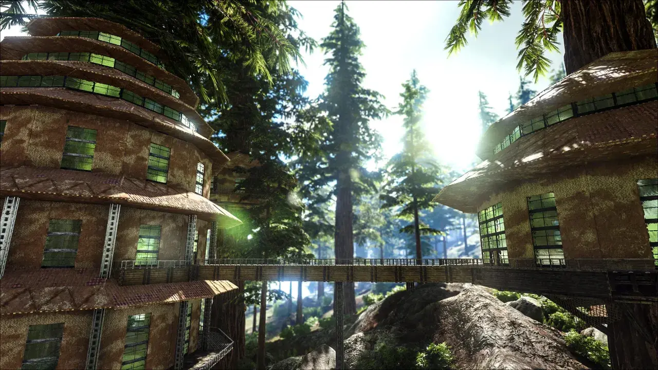 Wysokie, wielopoziomowe budowle w lesie, połączone mostem. Idealne dla graczy, którzy chcą poznać ark survival evolved wymagania.