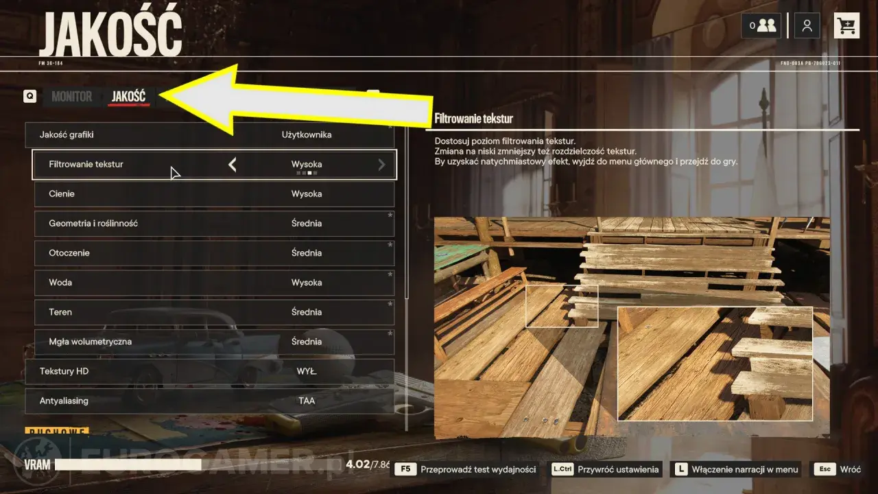 Ustawienia jakości w Far Cry 6: filtrowanie tekstur na "Wysoka". Sprawdź, czy Twój sprzęt spełnia wymagania gry.