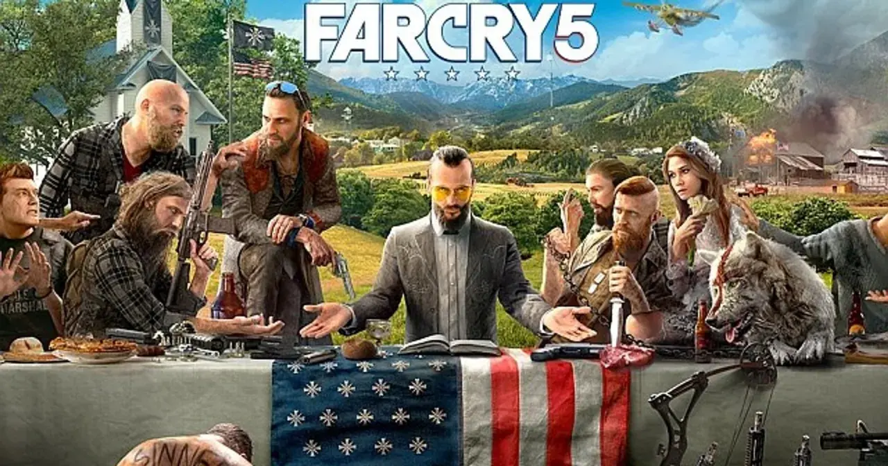 Rodzina Seedów przy stole, z psem i bronią. Sprawdź far cry 5 wymagania, by dołączyć do walki o Hope County.