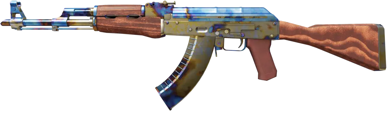 Karabin AK-47 z drewnianymi elementami i metalem o tęczowym, case hardened wykończeniu.