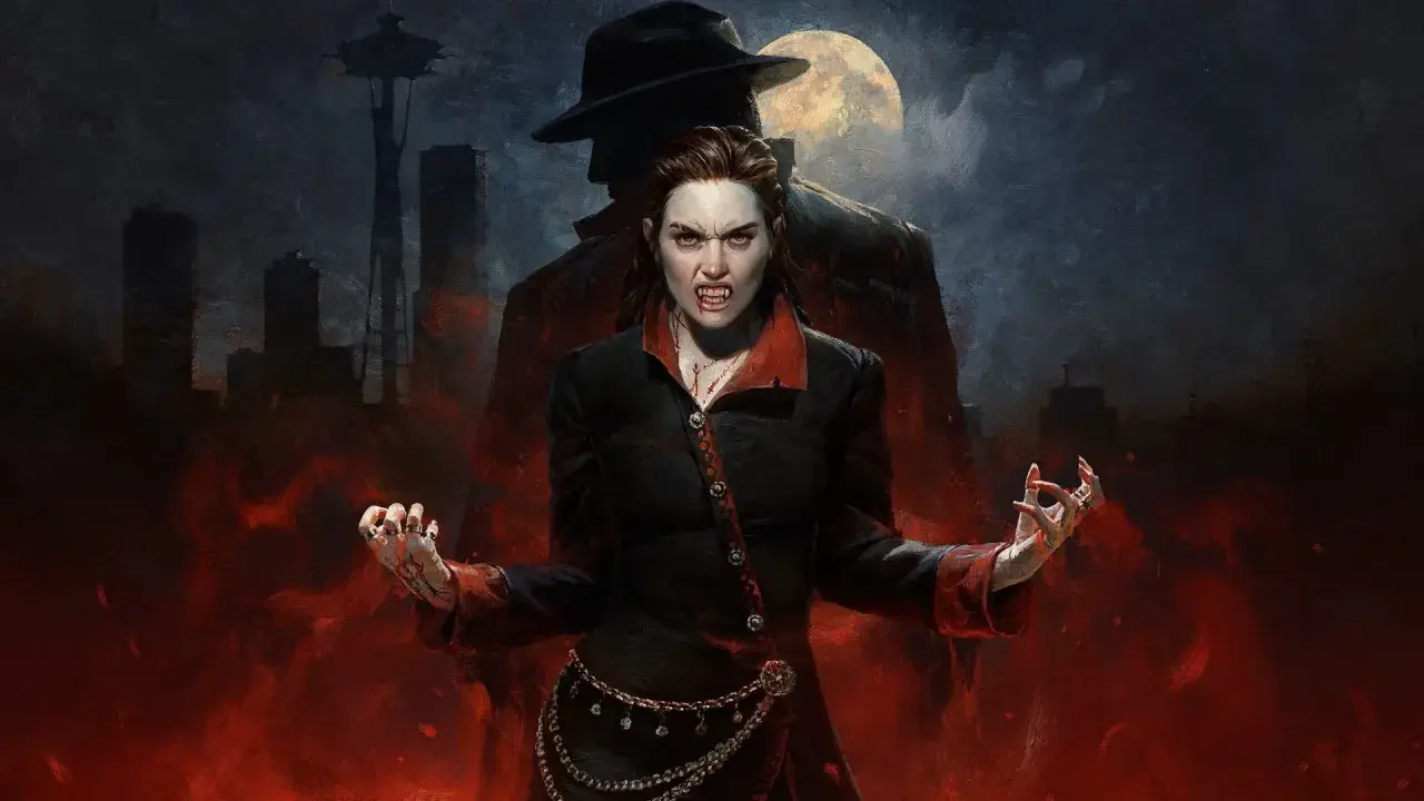Wampirzyca z kłami i krwią na ustach, w tle nocne miasto i cień mężczyzny w kapeluszu. Klimat Vampire the Masquerade.