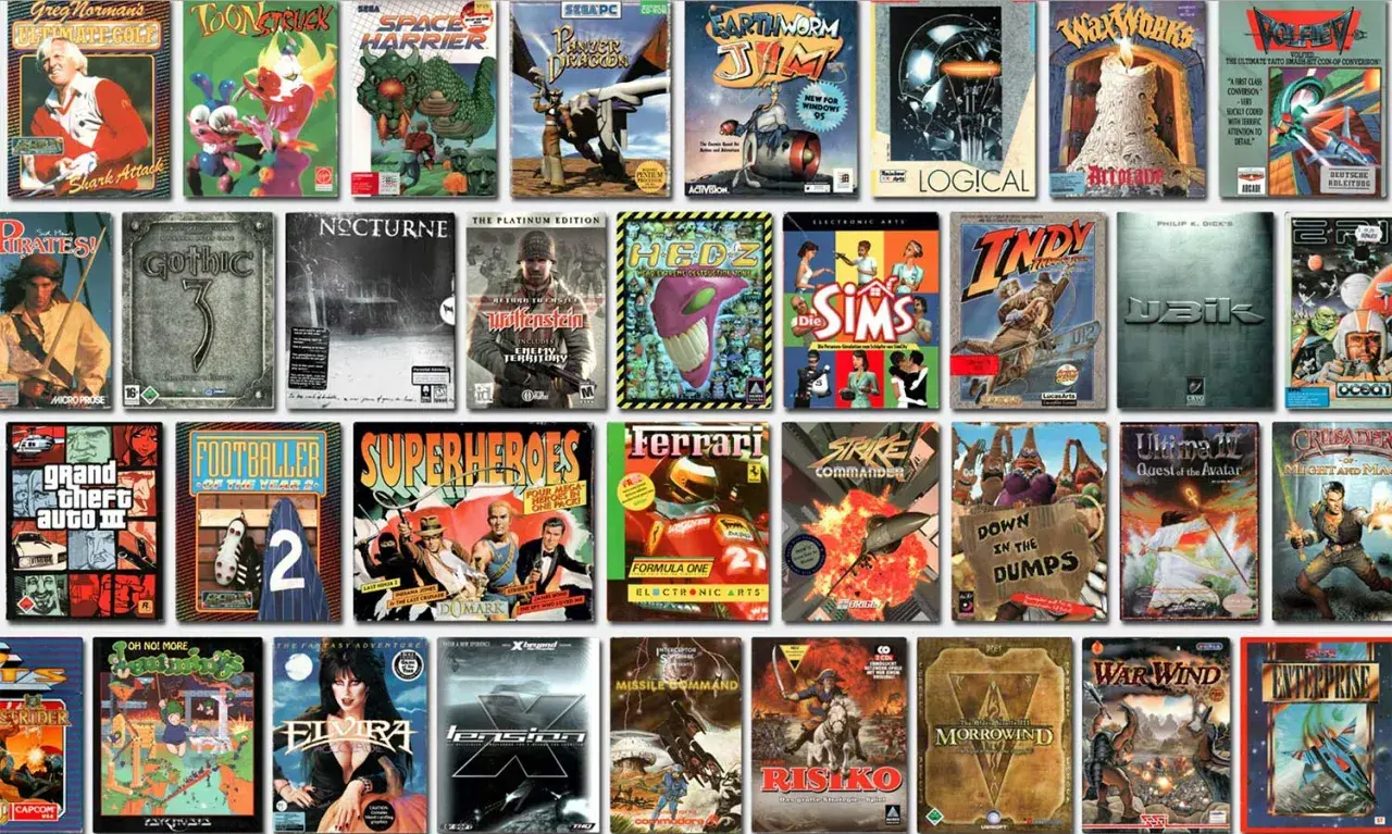 Kolekcja okładek **stare gry na PC lata 2005**, w tym Gothic 3, Nocturne, Wolfenstein, The Sims i wiele innych klasyków.