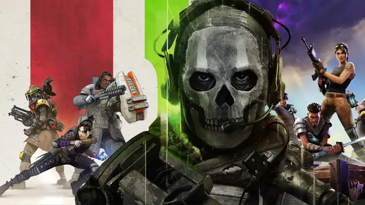 Postacie z gier Apex Legends, Call of Duty i Fortnite, gotowe do akcji w emocjonujących grach multiplayer.