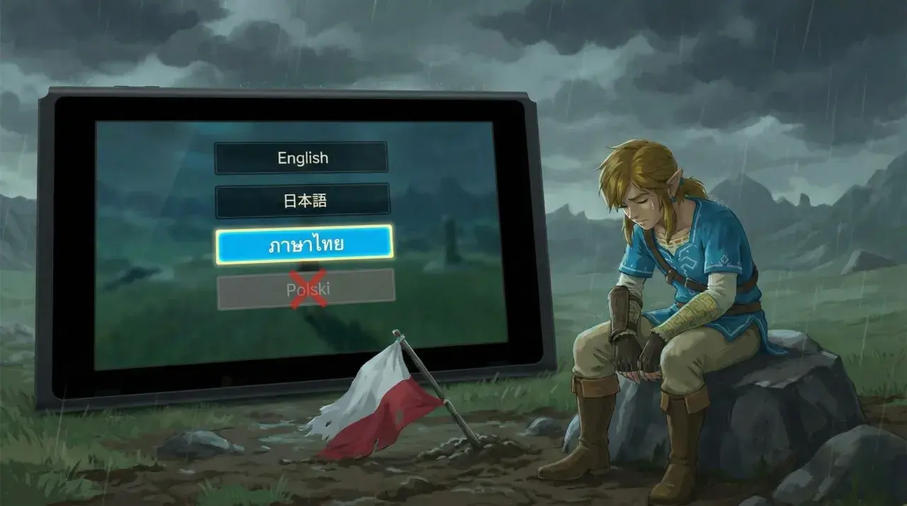 Smutny Link siedzi przy konsoli, na której widać wybór języków. Brak polskiej wersji językowej Zelda Breath of the Wild spolszczenie.