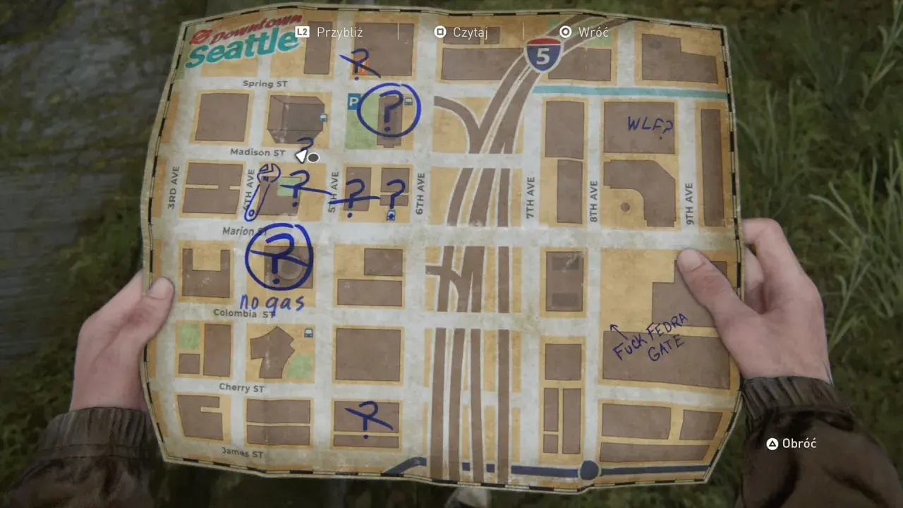 Mapa Seattle z zaznaczonymi miejscami i pytajnikami. Może zawierać wskazówki do sejfu w The Last of Us 2.