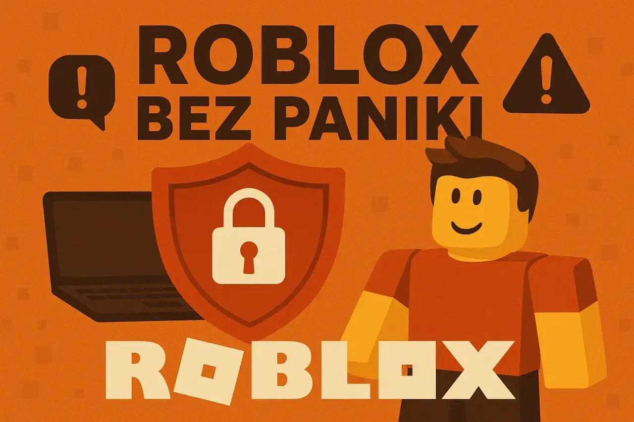 Roblox bez paniki! Dowiedz się, co to za gra, dzięki tej grafice z symbolem bezpieczeństwa i postacią z Roblox.
