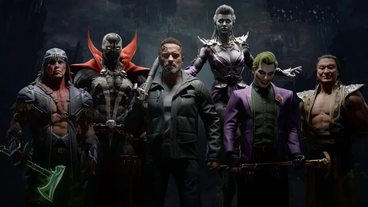 Mortal Kombat 11 postacie: Spawn, Terminator, Joker, Sindel, Nightwolf i Shang Tsung gotowi do walki.