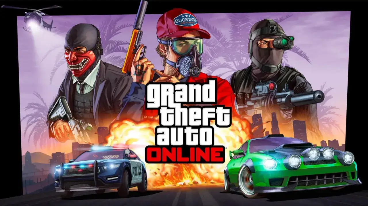 Trzech uzbrojonych mężczyzn, policyjny radiowóz i sportowy samochód na tle płomieni i miasta. To okładka GTA V Enhanced.