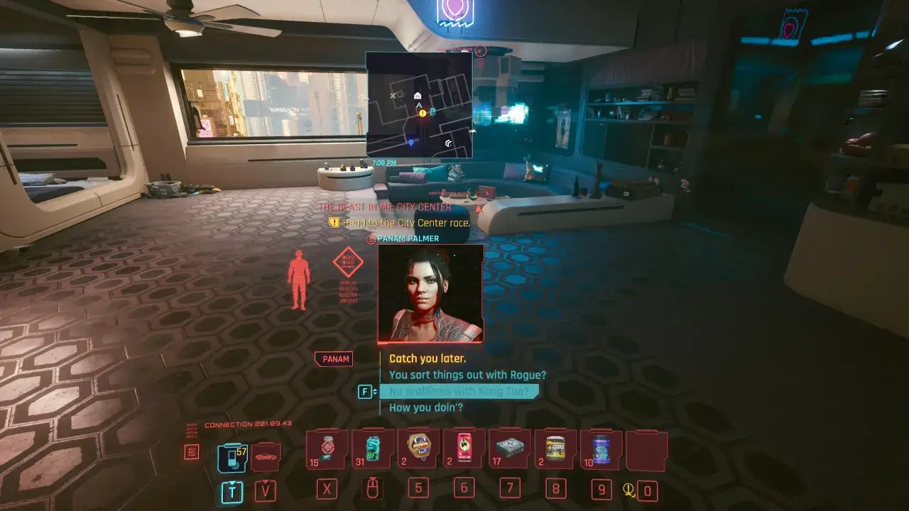 Cyberpunk 2077: Mody do gry pozwalają na personalizację interfejsu, jak widać na ekranie z rozmową z Panam i mapą.