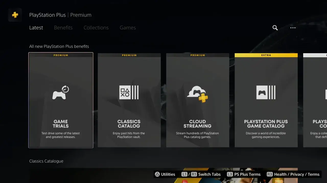 Menu PlayStation Plus Premium z opcjami: Game Trials, Classics Catalog, Cloud Streaming, Game Catalog. Sprawdź playstation plus cena i wybierz najlepszy abonament.