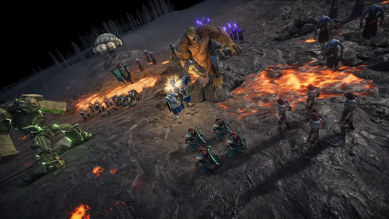 Bitwa w Spellforce: Conquest of Eo. Spolszczenie gry ukazuje starcie giganta z ludźmi i maszynami na wulkanicznym terenie.