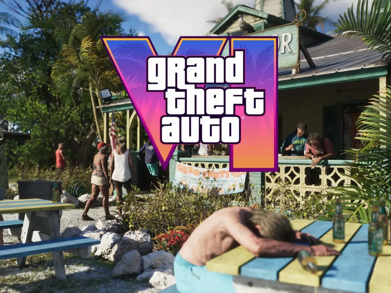 Logo GTA VI na tle tropikalnej plaży. Zastanawiasz się, ile będzie kosztować GTA 6?