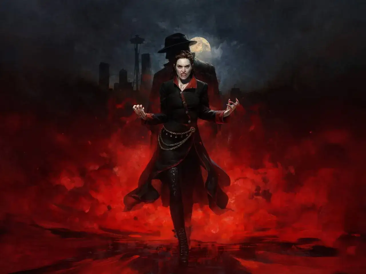 Kobieta wampir z kłami i czerwonymi oczami, w tle miasto i księżyc. Klimat Vampire the Masquerade.
