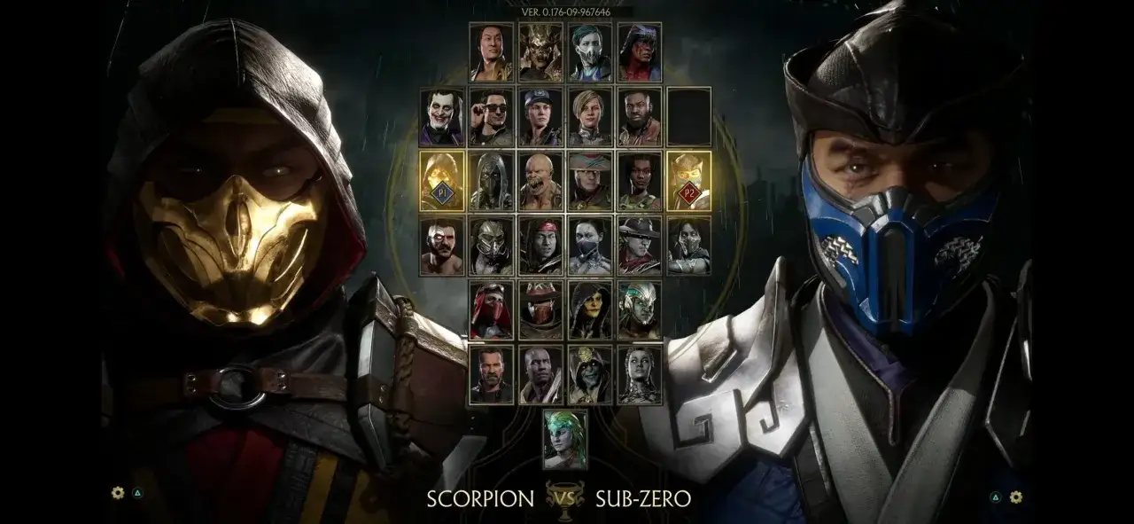 Ekran wyboru postaci w Mortal Kombat 11. Widoczni Scorpion i Sub-Zero, a obok nich siatka z innymi wojownikami.