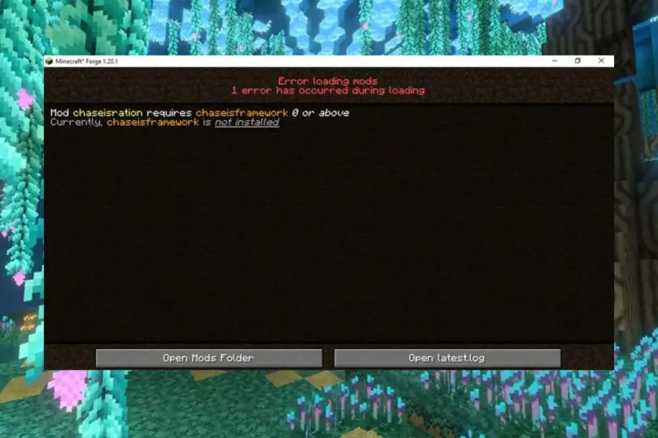 Błąd podczas ładowania modów w Minecraft Forge. Aby poprawnie zainstalować mody, upewnij się, że chaseisframework jest zainstalowany.