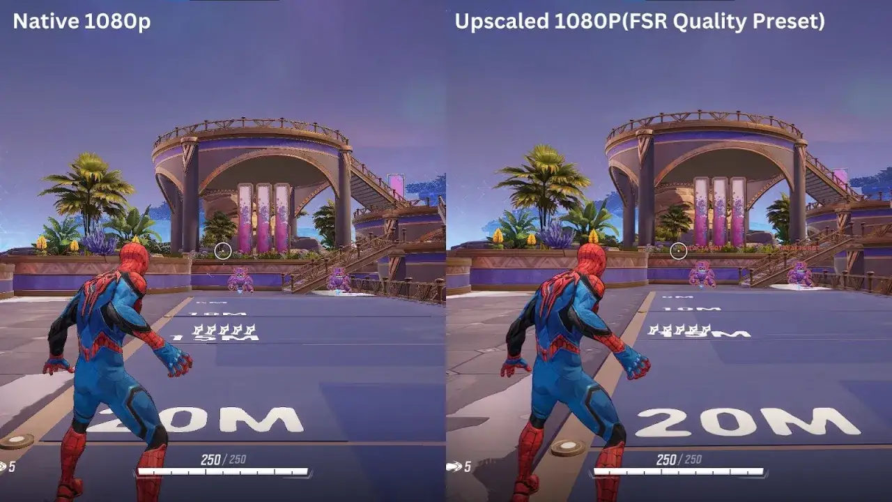 Porównanie grafiki: natywne 1080p kontra ulepszone 1080p (FSR). Spider-Man w grze, po lewej obraz jest mniej szczegółowy, po prawej dzięki upscalingowi detale są ostrzejsze.