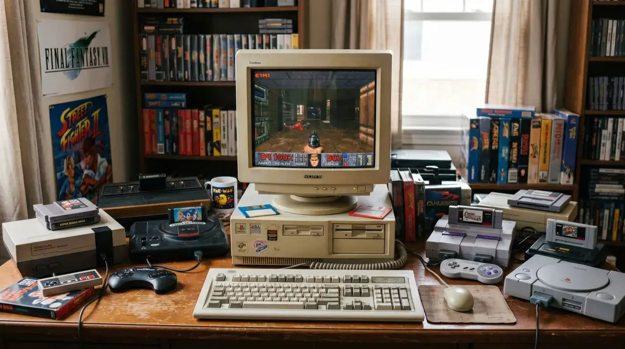 Biurko pełne klasyków: konsola Sega, Nintendo, SNES, PlayStation i pecet z grą Doom. To raj dla fanów starych gier komputerowych.
