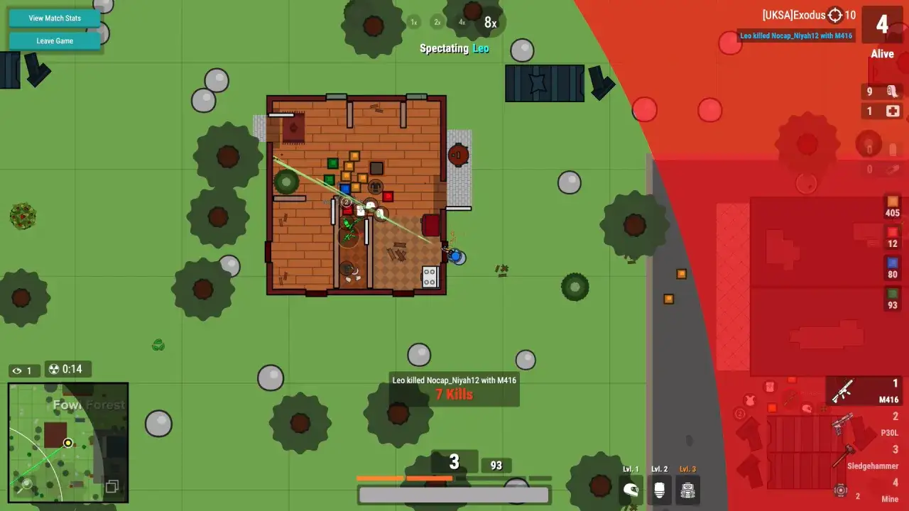 Gracz Leo w grze surviv.io właśnie zabił przeciwnika M416, zdobywając 7 punktów.