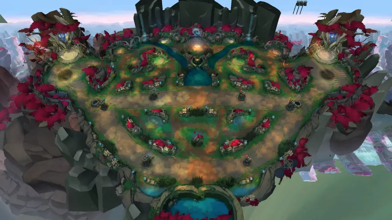 Mapa Nexus Blitz z czerwonymi drzewami i wodnymi elementami.