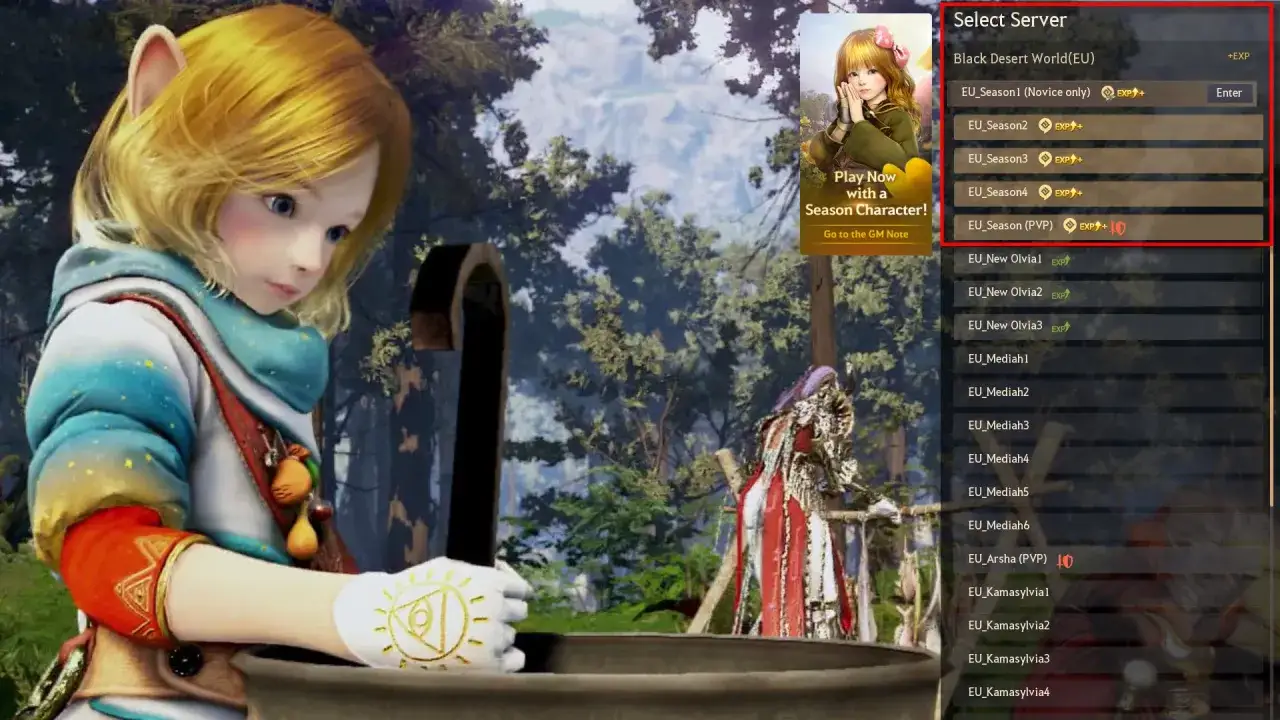 Wybór serwera w grze Black Desert World (EU). Spolszczenie gry ułatwia wybór serwera, np. EU_Season1.