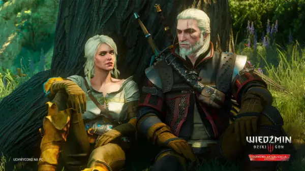 Geralt i Ciri odpoczywają pod drzewem. Zapowiedź darmowej aktualizacji Wiedźmin 3 Nowy Dodatek.