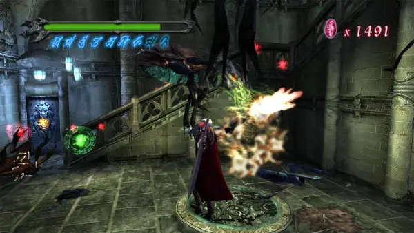 Dante z Devil May Cry 1 walczy z potworem w mrocznym zamku, używając magicznych mocy.