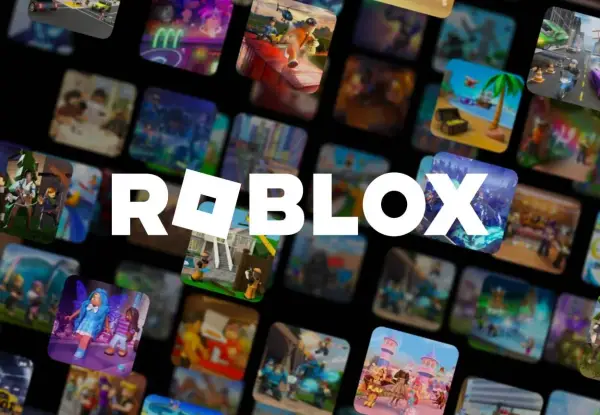 Logo Roblox otoczone miniaturkami z różnorodnymi, fajne gry na roblox.