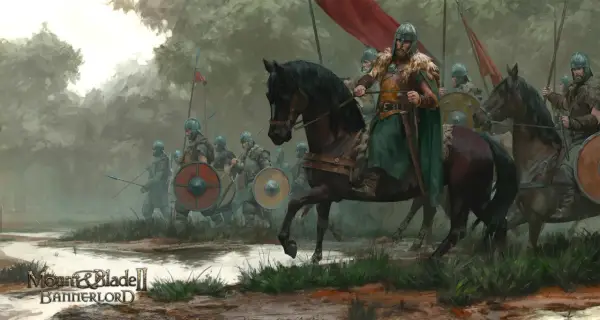 Wojownicy w zbrojach i hełmach, prowadzeni przez jeźdźca na koniu, maszerują przez błotnisty teren. To scena z gry Mount & Blade II: Bannerlord.